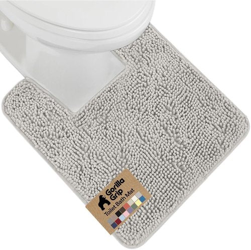 GORILLA GRIP Plush Chenille Bath Rug Mat - Absorbent & Soft Microfiber for Square Toilet Base | Light Gray