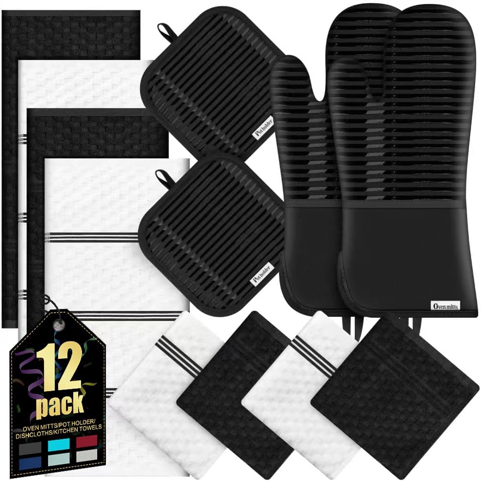 Skiennix Oven Mitts Set - 500°F Heat Resistant Gloves with Silicone Grip & Kitchen Towels | 2 Gloves, 2 Potholders, 4 Towels