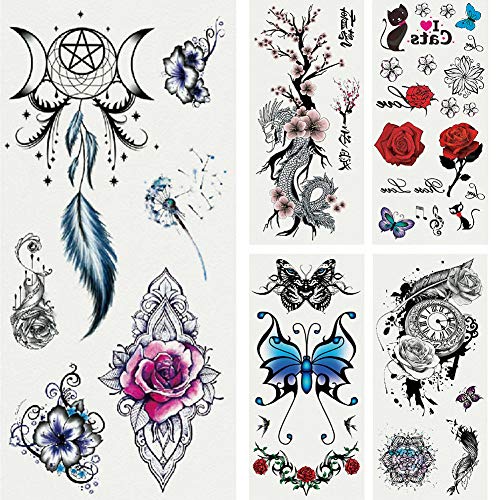 Red Temporary Tattoo Stickers Set - 20 Pcs Rose Butterfly Dragon Floral