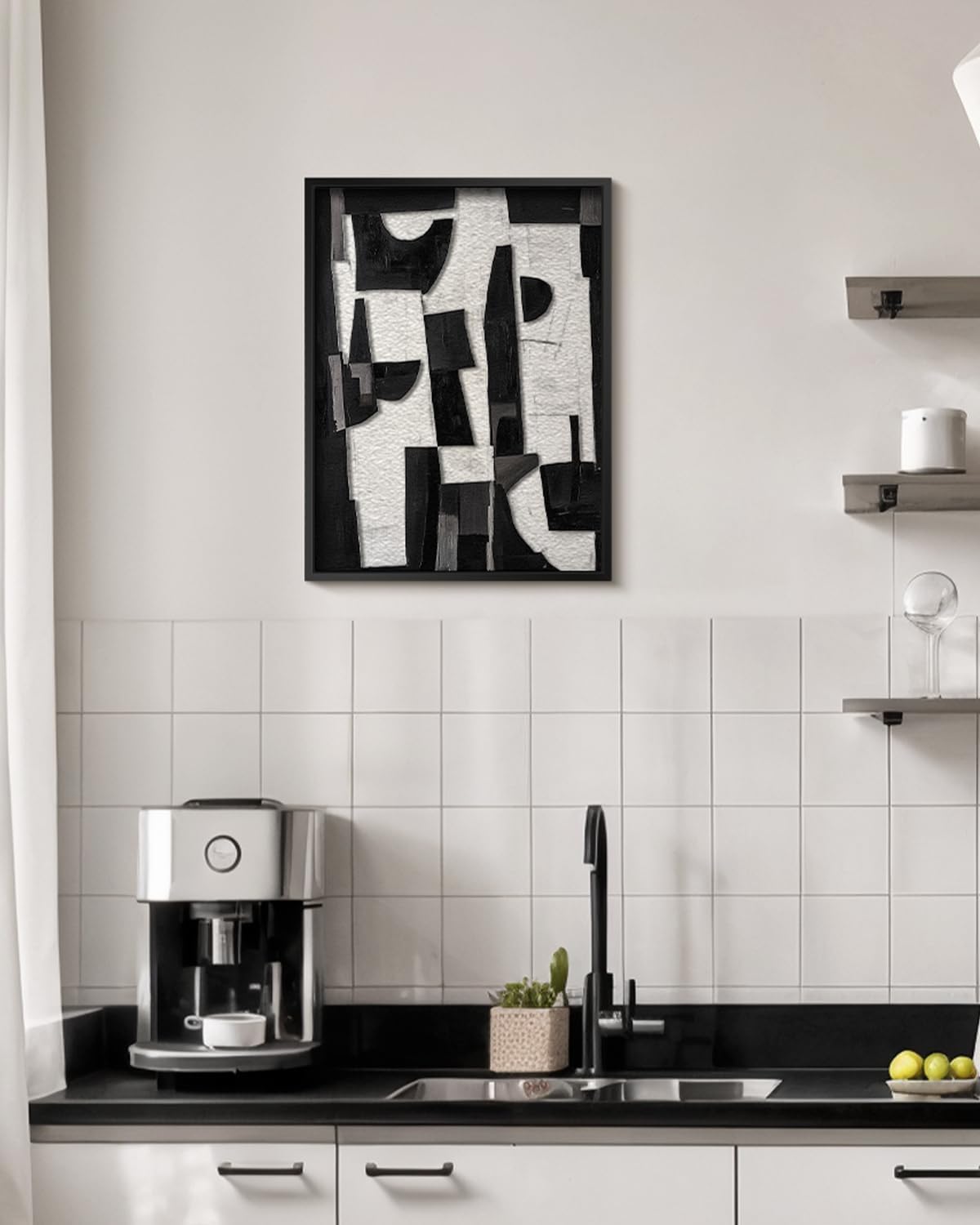 Skiennix Modern Black & White Abstract 3D Stacked Sandstone Wall Art - 12x16 Geometric Design in Metal Frame for Contemporary Home Decor