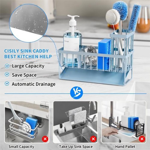 Cisily Sink Caddy Organizer - Rustproof Stainless Steel with Brush & Sponge Holder | Gray Blue Kitchen Decor