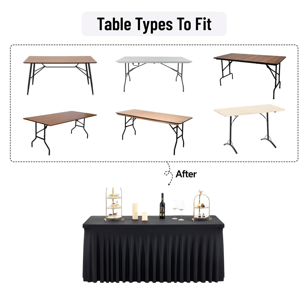 leegleri 4 Pack Black Spandex Table Cloths for 6 Foot Rectangle Tables, Wrinkle Free Stretch Fitted Tablecloths 6ft, Black Banquet Tablecloth with Skirt for Parties Weddings Birthday