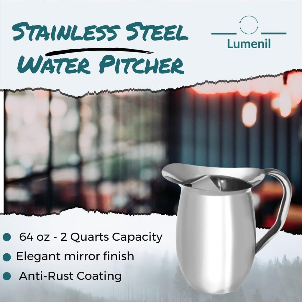 Set of 2-96oz, Smooth Silver Stainless Steel Water Pitcher With Ice Guard, stainless steel pitcher for restaurants.