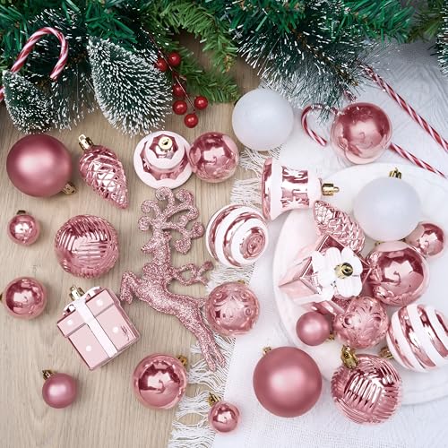 Pink Christmas Tree Ornaments Set - Shatterproof Holiday Decorations, 66 pcs