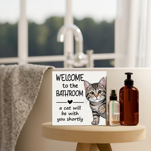 Funny Bathroom Cat Decor Welcome to the Bathroom a Cat Will Be with You Shortly Rustic Wooden Box Sign for Home Toilet Shelf Wall Decor