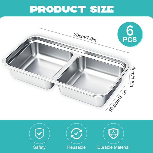 BSTUR 6Pcs 304 Stainless Steel Snack Containers, 2 Compartments Portable Food Storage Bento Boxes with Lids, Divided Meal Prep Lunch Box Food Container Dishwasher Safe