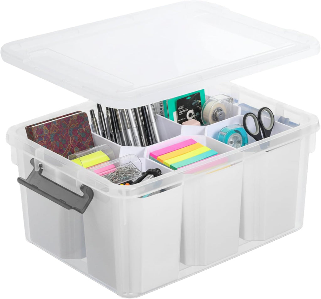 Trivon Plastic Storage Bins - Versatile 17 QT Container with 6 Removable Inserts | 15.94x7.61x7.28 Inches, White