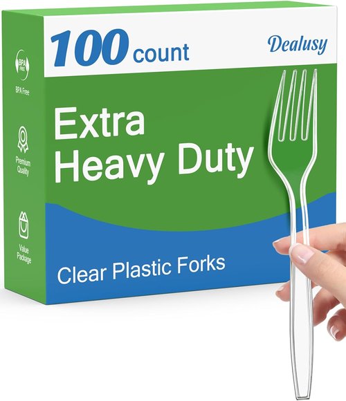 Dealusy Heavy Duty Clear Plastic Forks - 100 Count, BPA-Free & Heat Resistant for Parties