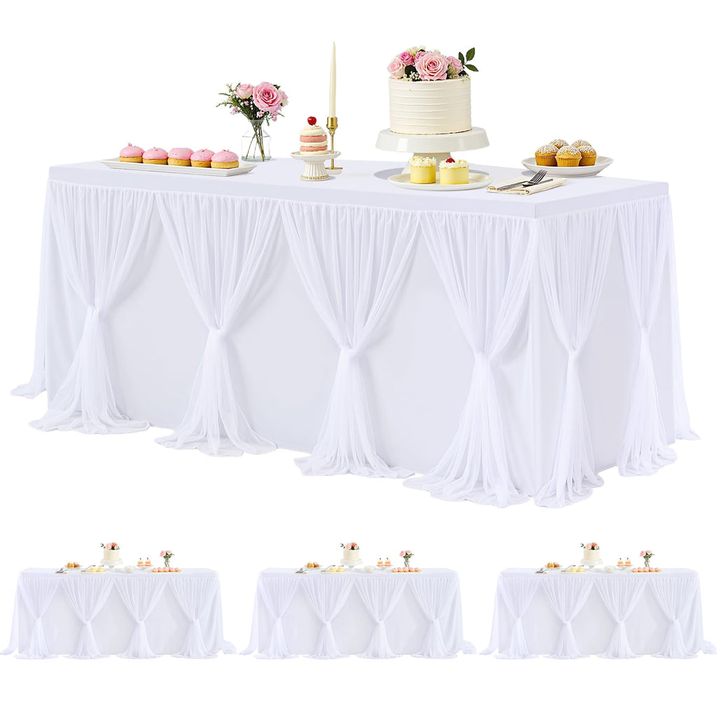 White Tulle Tablecloth 4Pack Stretchable Cross Table Cover 3 Sides for Wedding, Birthday, Party Decor, Banquet, Bridal Shower Fits Rectangle Tables 4ft
