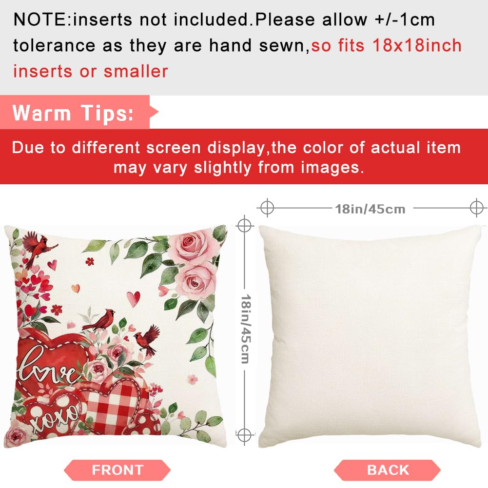 RABUSOFA Valentines Love Heart Pillow Covers 18x18 Inch Set of 2, Pink Rose Red White Outdoor Romantic Holiday Party Cushion Cases Valentine Decoration for The Home Sofa Indoor (Red, 18" x 18")