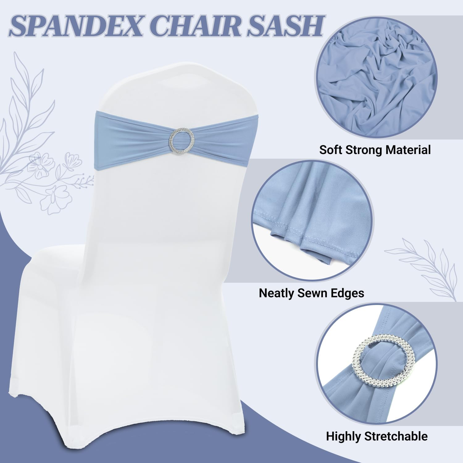 MDS Premium Spandex Chair Sashes - Stretchy Bow Covers with Buckle Slider | Universal Fit - Baby Blue (Pack of 75)