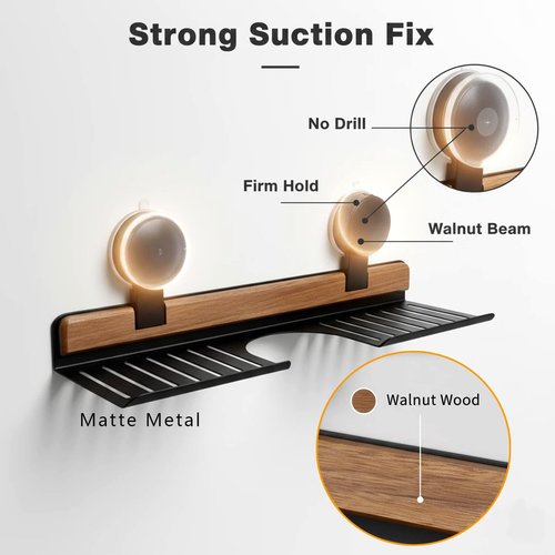 AZSRKRBM Over Sink Shelf with Walnut, 15.7" Tool-Free Organizer, Strong Suction Cup Rack with Easy Drainage for Kitchen & Bathroom