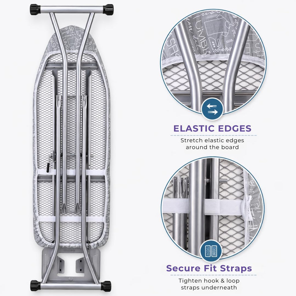 Laundry 360 Ironing Board Cover with Pad Grey Color | Elastic Edge Hook Loop Fasteners | Scorch Resistant Cotton Surface | Complete Replacement Set