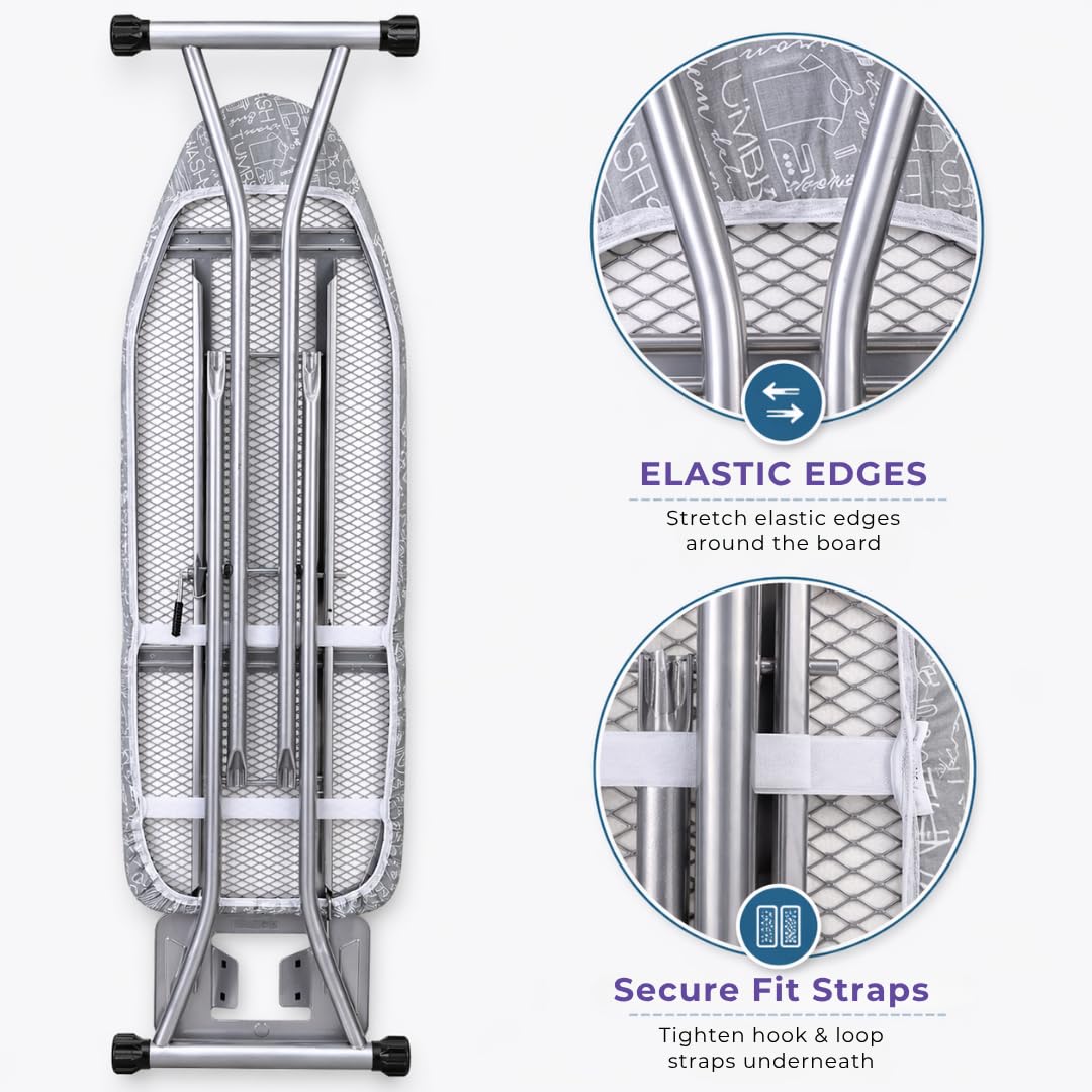 Laundry 360 Ironing Board Cover with Pad Grey Color | Elastic Edge Hook Loop Fasteners | Scorch Resistant Cotton Surface | Complete Replacement Set