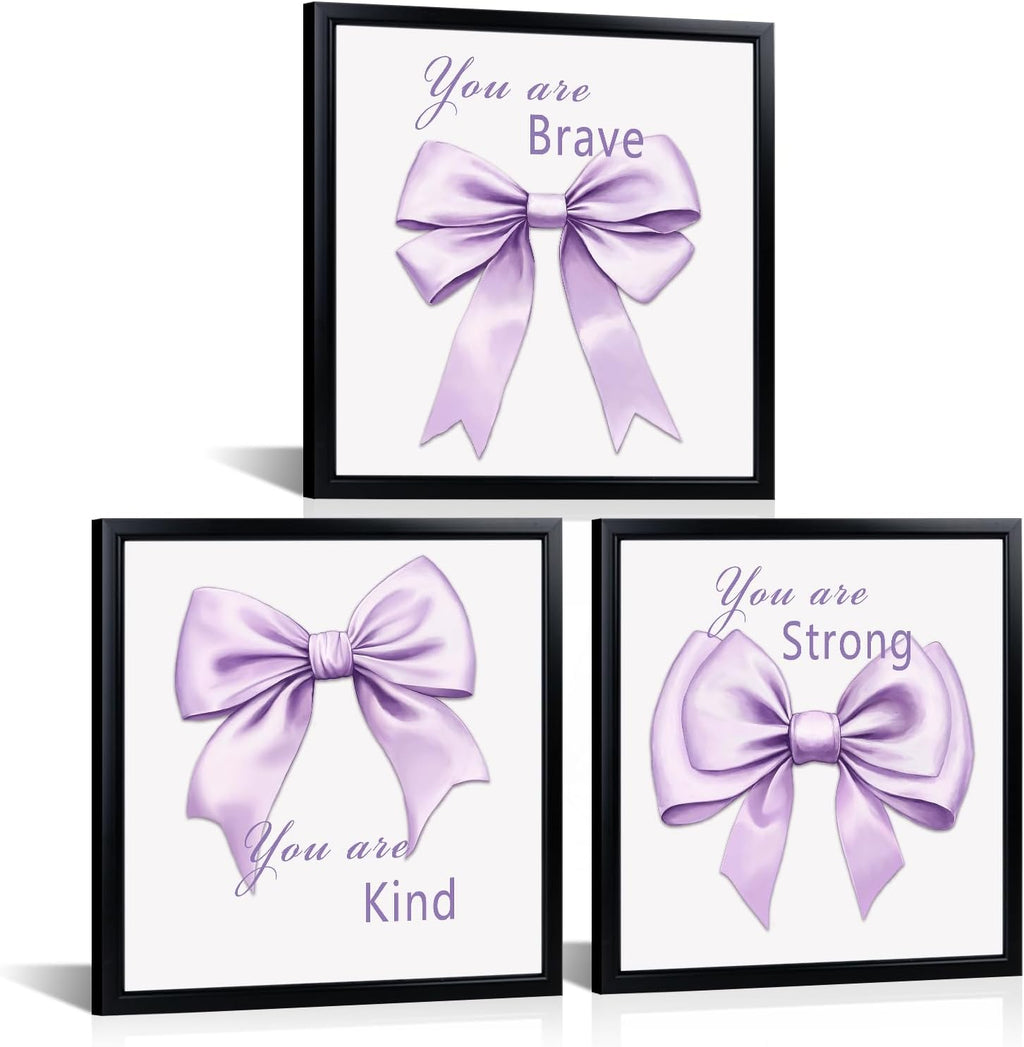 WELMECO Bow Wall Decor - Inspirational Framed Art Set for Girls | 12x12 Inch, Black Frame, 3 Pieces