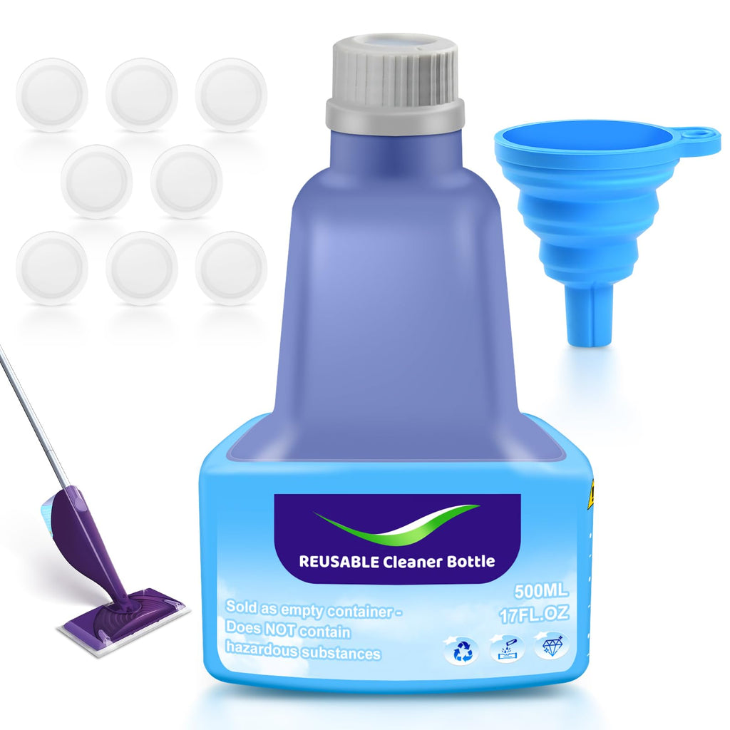 KTNAid Refillable Replacement Bottle for Swiffer® Wet Jet™ Mop, 500ml /17 oz, Empty, Leak-Proof HDPE Cleaner Solution Refill Bottle with 8 Silicone Gaskets & 1 Foldable Funnel