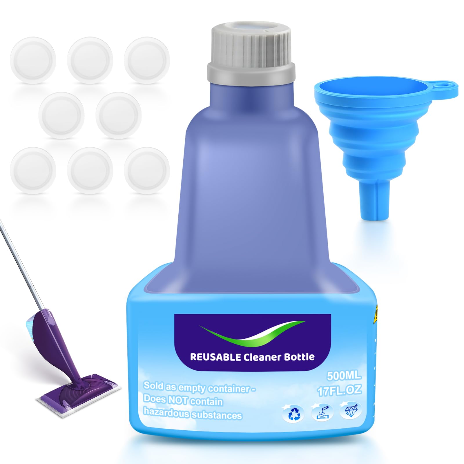 KTNAid Refillable Replacement Bottle for Swiffer® Wet Jet™ Mop, 500ml /17 oz, Empty, Leak-Proof HDPE Cleaner Solution Refill Bottle with 8 Silicone Gaskets & 1 Foldable Funnel