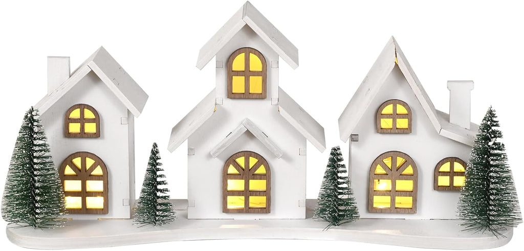 White Christmas Village House Decoration - LED Lights & Wooden Centerpiece | Mini Winter Town Xmas Decor
