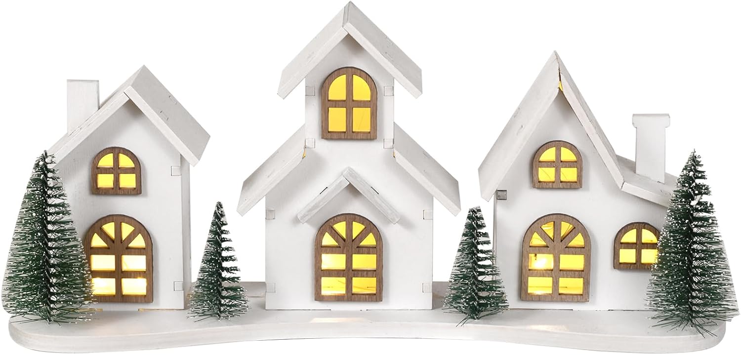 White Christmas Village House Decoration - LED Lights & Wooden Centerpiece | Mini Winter Town Xmas Decor