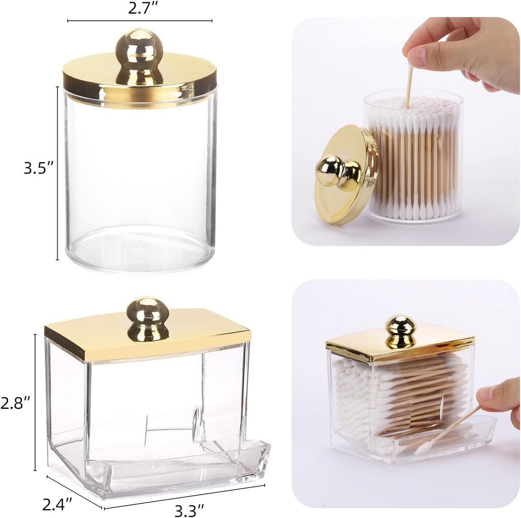 Tbestmax Cotton Ball Holder - 10oz Apothecary Jar with Gold Lid | Bathroom Organizer for Swabs & Pads