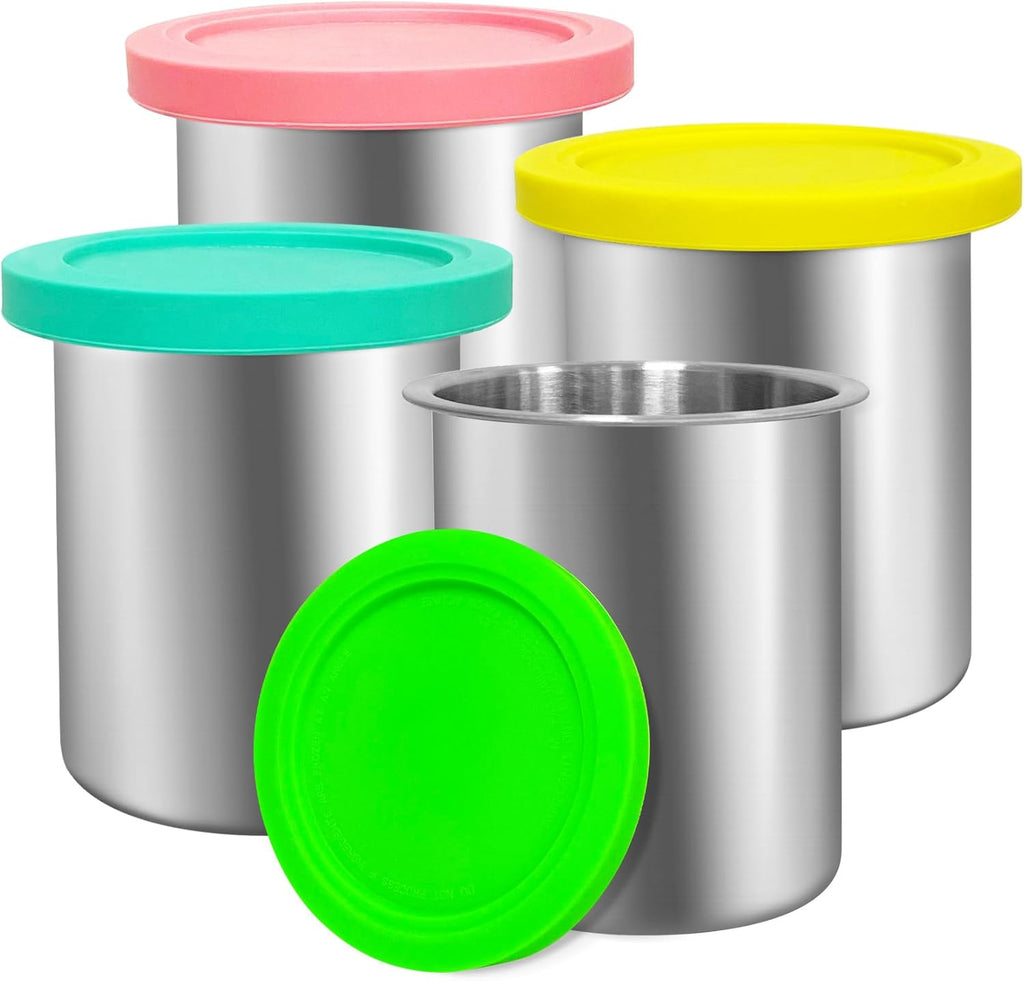 Ninja Creami Deluxe Containers - Stainless Steel 4-Pack with Silicone Lids | BPA-Free, Dishwasher Safe, 5-Year Warranty