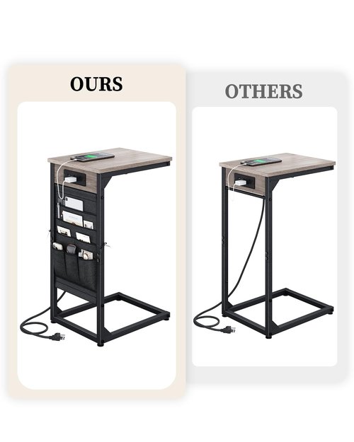 NEFROM C-Shaped End Table with Fast-Charging Station, Small Couch Side Table with Storage Bag, Sofa TV Tray Table for Living Room, Bedroom, Bedside ET-GY-1
