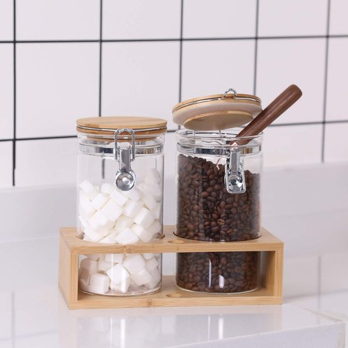 KKC Glass Storage Jars with Spoon,Glass Coffee Bean Storage Containers,Airtight Sealed Jar Canisters Bamboo Lids with Scoop for Coffee Bean,Ground Coffee,Brown Sugar,Nuts,Loose Tea