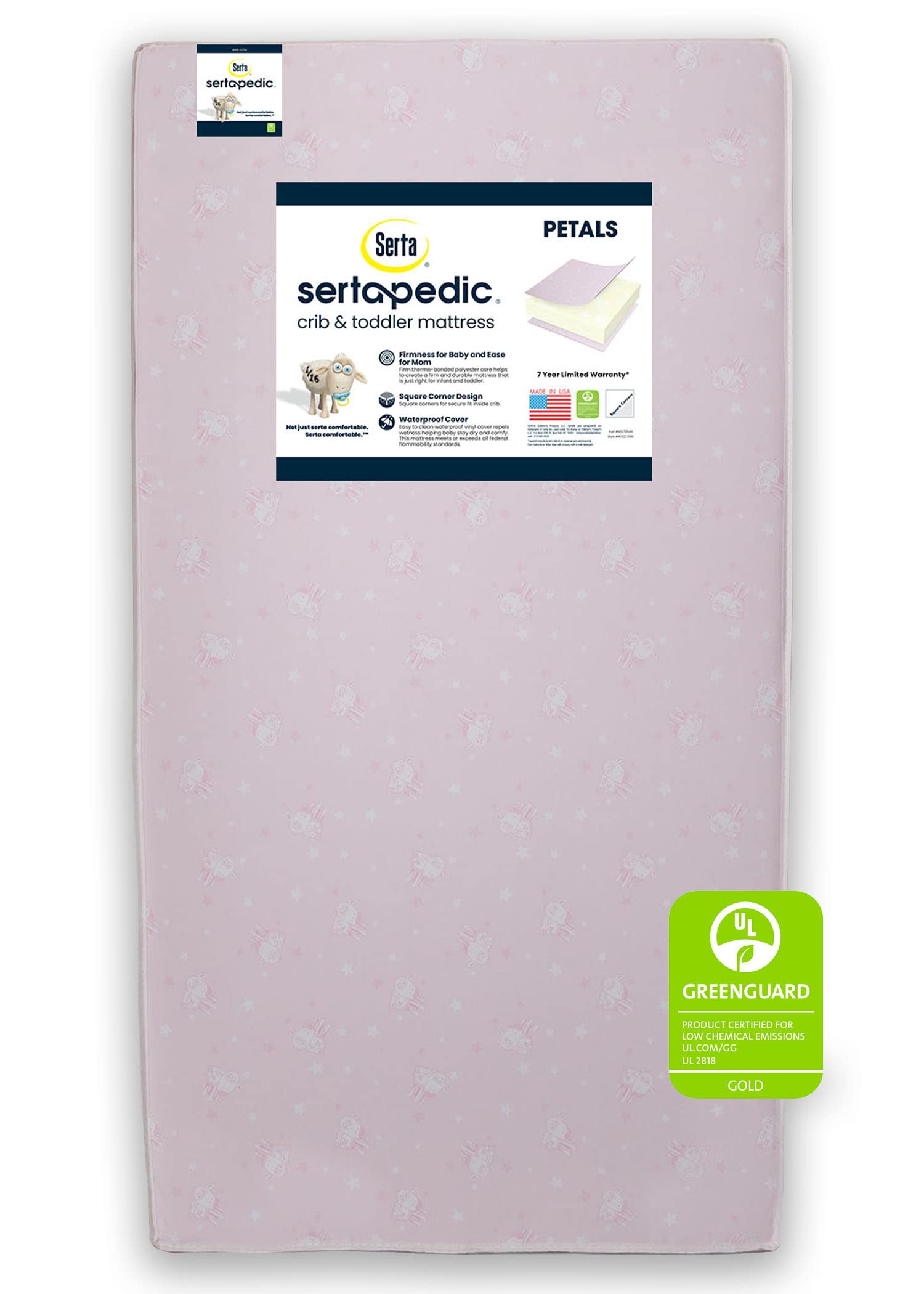 Serta Sertapedic Petals Dual Sided Premium Recycled Fiber Core Crib and Toddler Mattress - Waterproof - GREENGUARD Gold Certified - Trusted 7 Year Warranty - Made in USA, Pink