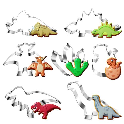 CUTENJOY New Dinosaur Cookie Cutter Set - 7 Piece Stainless Steel Fun Dino Cookie Cutter for Kitchen, Baking, Kids Dinosaur Birthday Party Supplies