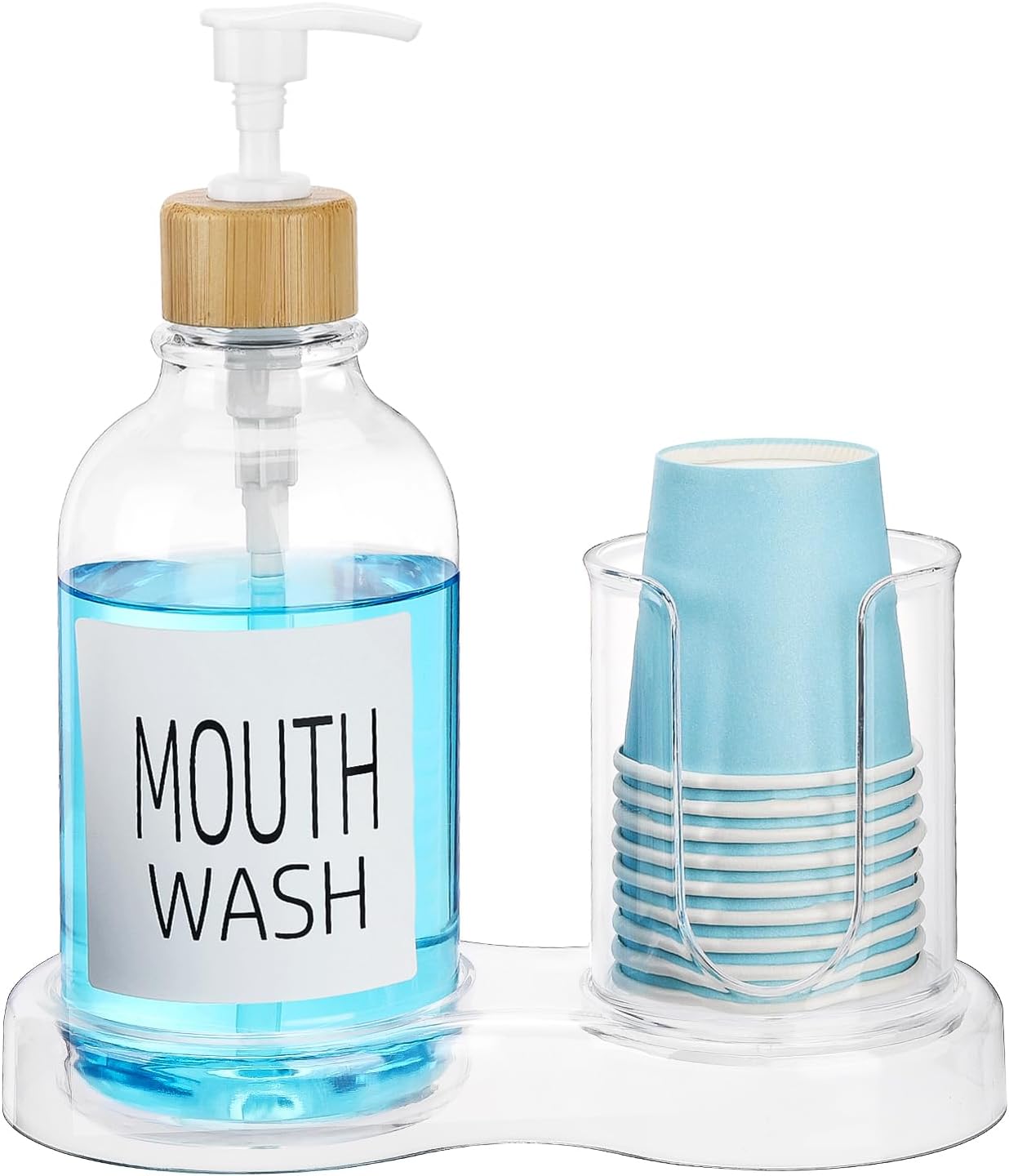 Regine Switzerland Mouthwash Dispenser - 16oz Clear Plastic with Cup Holder & Tray