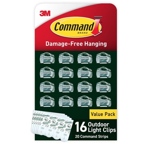 Command Outdoor Light Clips - 16 Clear Clips & 20 Adhesive Strips for Damage-Free Hanging | Perfect for Outdoor Lights & Cables