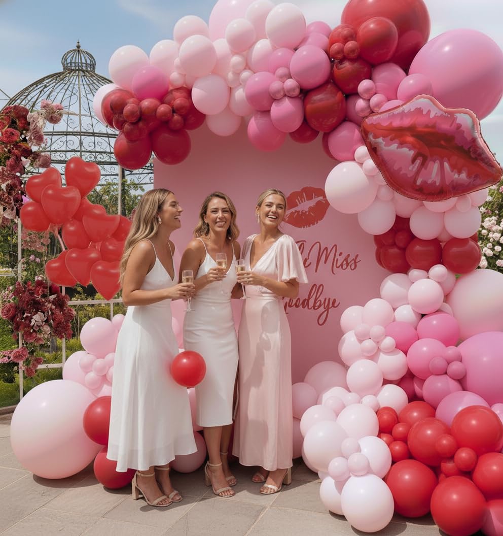 PTGOLUO 153pcs Valentines Day Balloons Garland Arch Kit, Pink Red Rose Red Heart Balloons Lips Balloon 30'' 24" 10" 5" for Galentine's Day Birthday Wedding Anniversary Engagement Party Decor