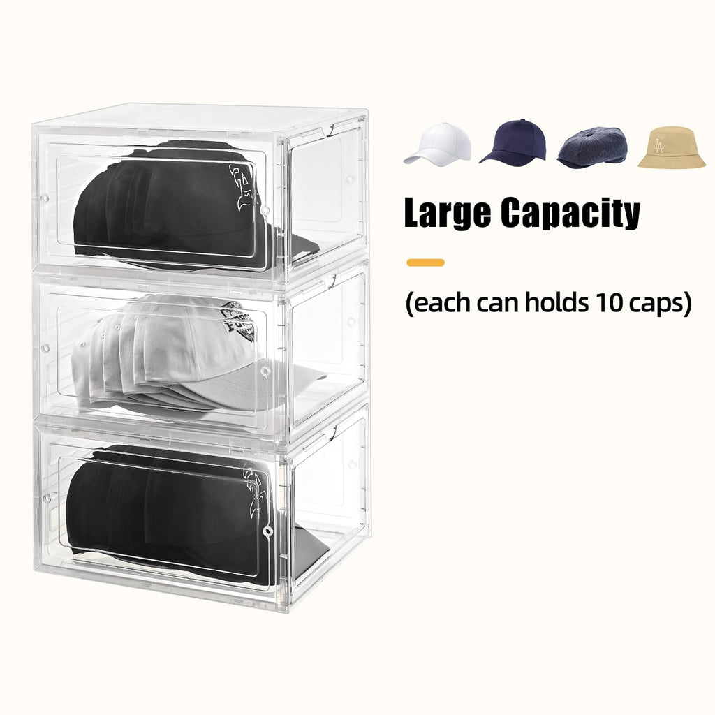 beehomay Hat Organizer Box,Stackable Clear Baseball Caps Holder Box Containers with Magnetic Door for Hats Snapback Cap Storage,Clear Hat Storage with Magnetic Door, Holds 20 Hats(clear, 2 pack)
