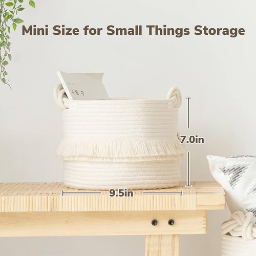 CherryNow Woven Storage Baskets - 9.5'' x 7'' Cotton Rope Hamper for Diapers, Blankets & Keys | Off-White with Cute Tassel