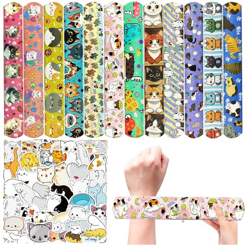 Kitten Party Favors Set - 24 Slap Bracelets & 50 Cat Stickers