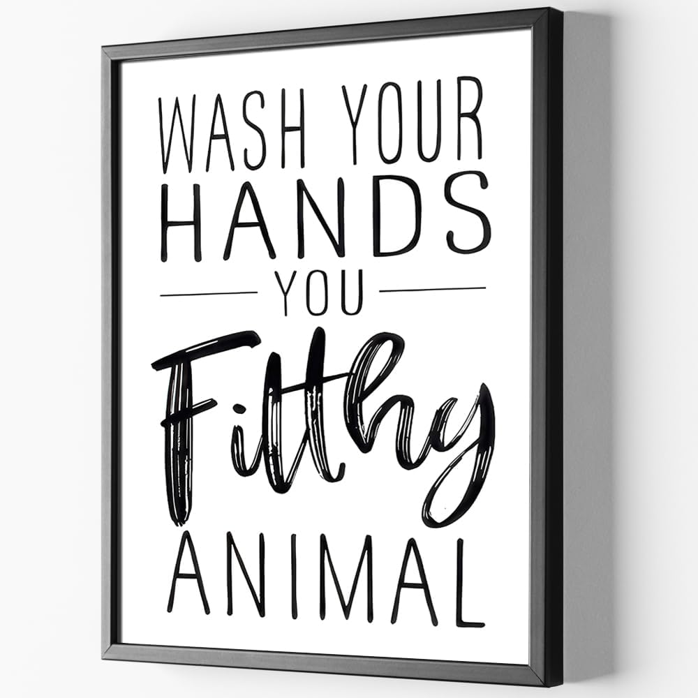 Skiennix Framed Black And White Bathroom Wall Art - Funny "Wash Your Hands" Poster | Modern Minimalist Canvas Print