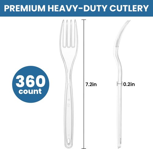 Clear Plastic Utensils - 360 Heavy-Duty Disposable Forks for Parties | Bulk Silverware