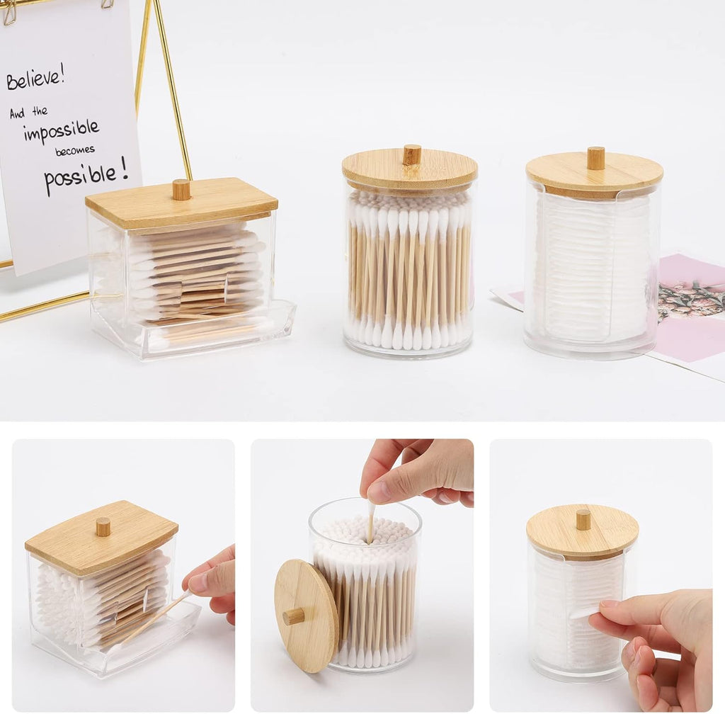 Tbestmax Bathroom Organizer Set | 3-Piece Bamboo Lid Storage for Q-Tips & Cotton Balls - 10 Oz Jars