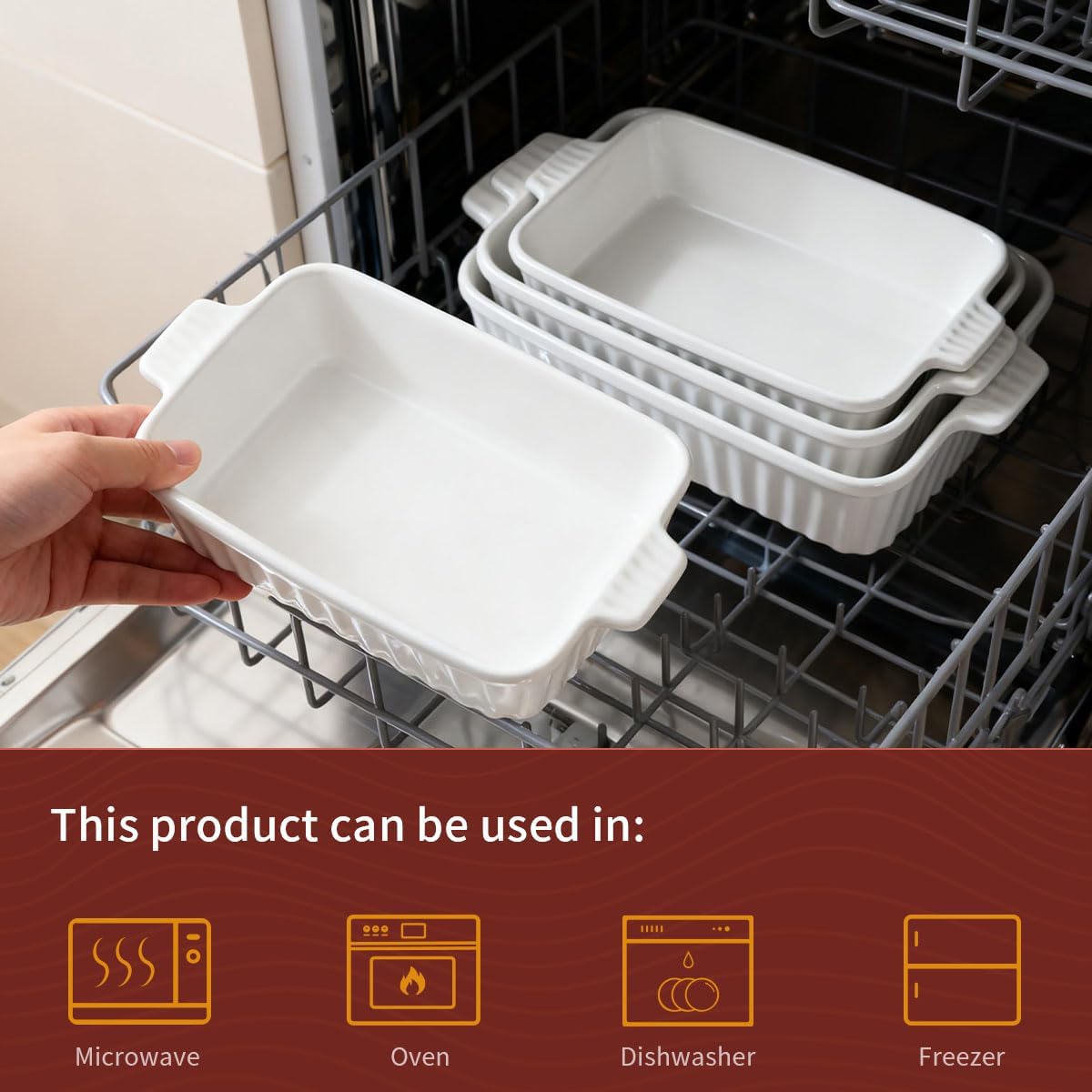 WishDeco Ceramic Casserole Dishes Set of 4 - Deep Rectangular Bakeware with Handles, White Porcelain (15''/12.4''/11''/9.6'')