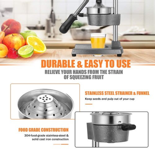 Gowintech Commercial Heavy Duty Cast Iron Hand Press Manual Orange Citrus Lemon Lime Grapefruit Pomegranate Fruit Juice Squeezer Machine with Stainless Steel Cup Grey