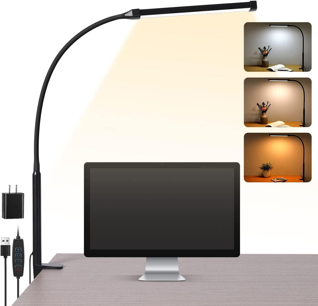 Voncerus LED Desk Lamp - Eye-Caring Clip-On Light with 3 Modes & 10 Brightness Levels | Flexible Goose-Neck, Black