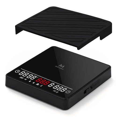 MUVNA Espresso Mini Coffee Scale with Timer & Flow Rate Indicator - 2kg/0.1g Precision Digital Scale with Waterproof Silicone Mat for Pour Over, Coffee Bean Weight, Kitchen, Black