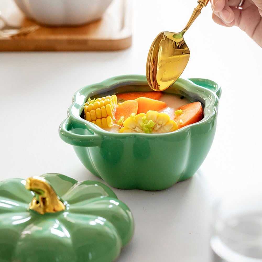 Pumpkin | 14 Oz Ceramic Ramekin Set with Lid & Handle - Oven Safe Individual Casserole Dish (Green)