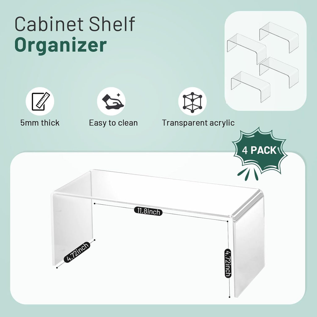 HTRYBNES 4 Packs Kitchen Cabinet Shelf Organizer, Acrylic Clear Shelf Riser, 5mm Thick Spice Rack for Dishes, Soda Cans and Cup（11.8 x 4.72 x 4.72 Inch）