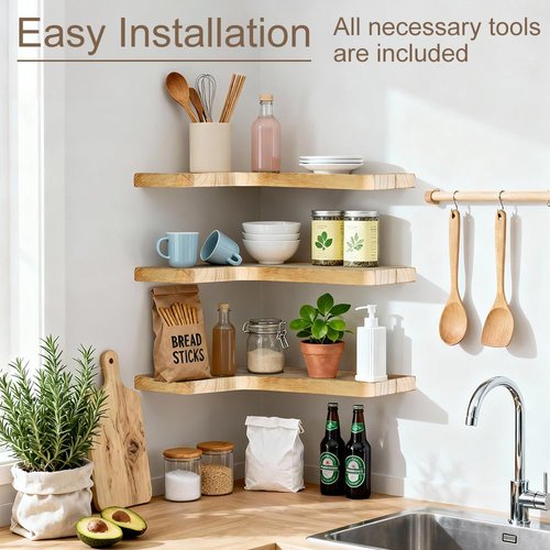jubilander Floating Corner Shelves Set of 3, Solid Wood Picture Wall Shelf, Floating Shelves for Storage for Bedroom Kitchen Bathroom Living Room (Light Burnt)