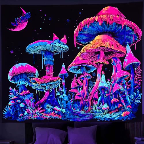 UV Reactive Blacklight Mushroom Tapestry 47" x 35" - Glow in the Dark Forest Wall Hanging
