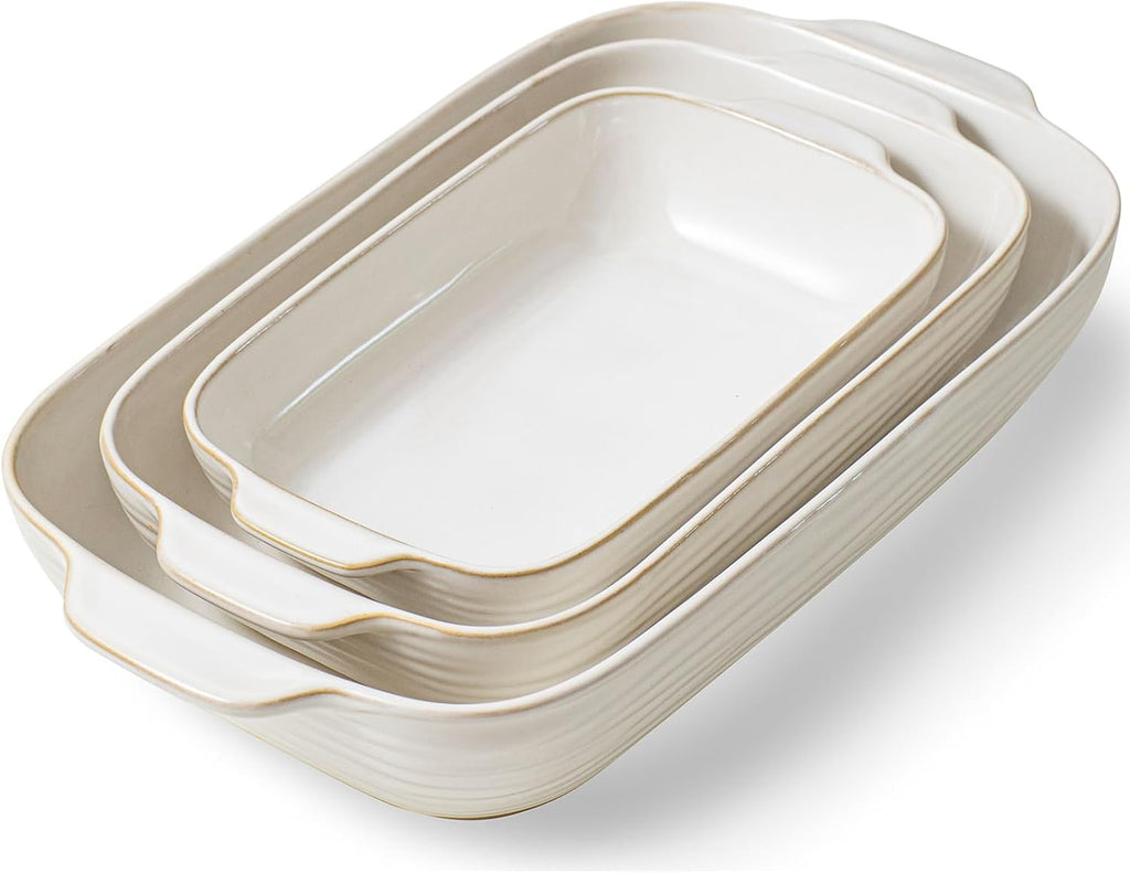Regine Switzerland Baking Dish Set - Ceramic Casserole Dishes for Oven | 3-Piece Rectangular Bakeware in Arctic White