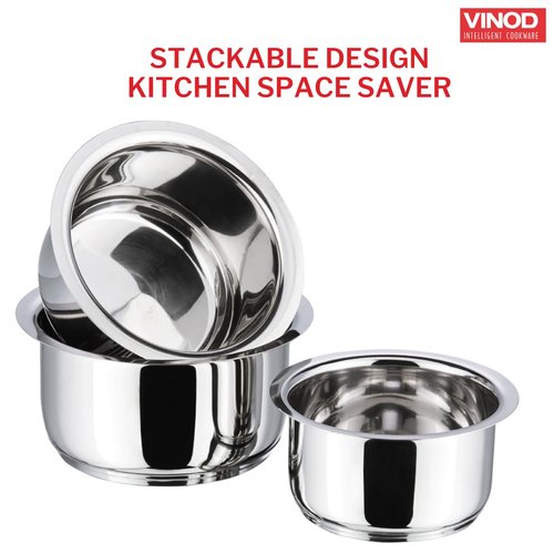 Vinod Stainless Steel 3 pc Pot Set with Capacity of 1.4 litres, 1.8 litres & 2.2 litres with Stainless Steel Lids (Gas Stove and Induction Friendly) - Silver,