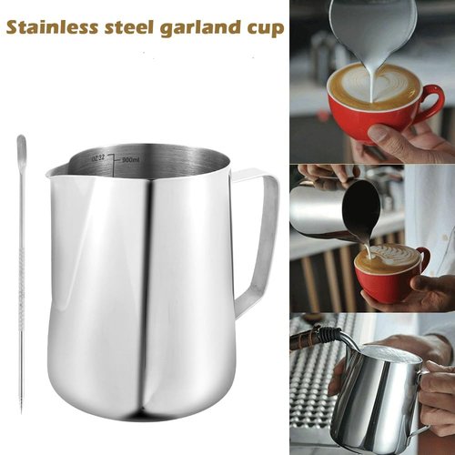 2 Pack Milk Frothing Pitcher 900ml 32oz Steaming Pitchers Stainless Steel Milk/Coffee/Cappuccino/Latte Art Steam Pitchers Milk Jug Cup with Art Pen(2)