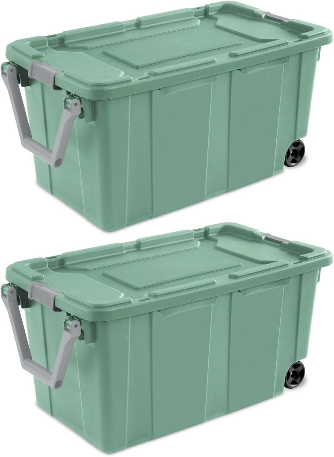 Rugged Wheeled Industrial Tote by [Brand Name] - 40 Gallon Storage Bin with Latch Lid, Light Green, 2 Count